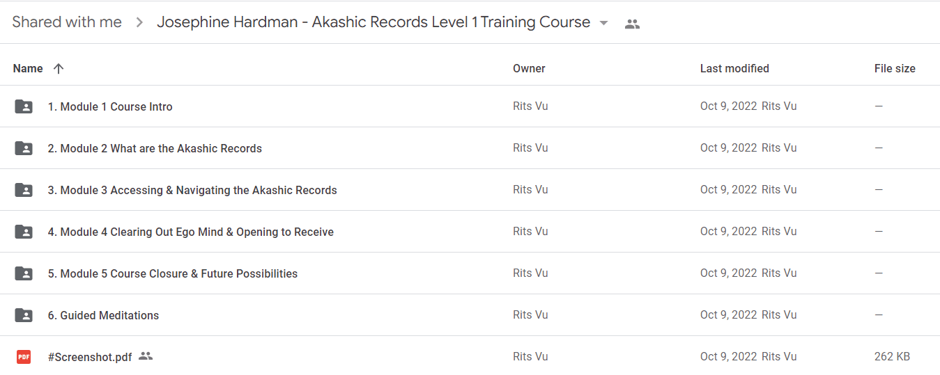 A screenshot showing the 6 modules, including Guided Meditations, for the Josephine Hardman - Akashic Records Level 1 Training Course.