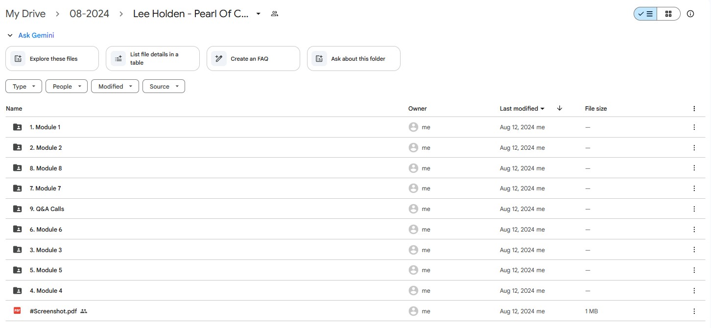 Google Drive folder for Lee Holden Pearl Of Consciousness Online Course, showing modules for the course content and Q&A calls.