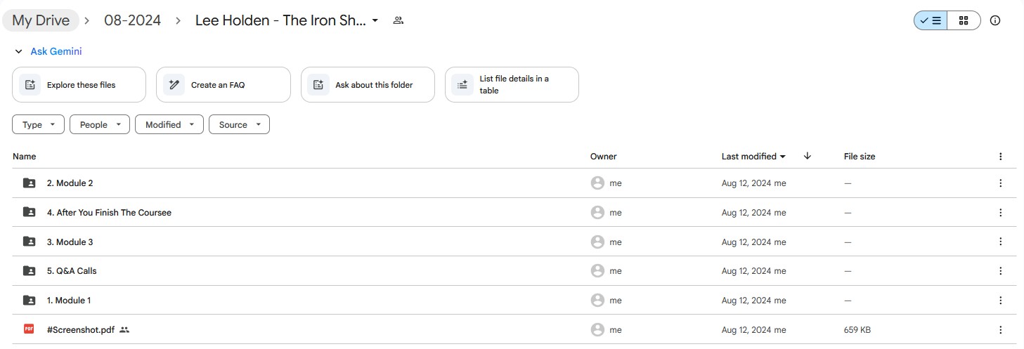 Google Drive folder for Lee Holden The Iron Shirt Qi Gong Online Course, showing modules, Q&A calls, and post-course resources.