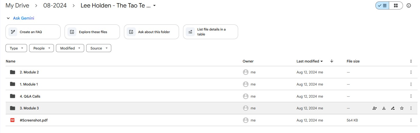 Google Drive folder for Lee Holden The Tao Te Ching Online Course, showing modules, Q&A calls, and supplementary resources for Taoist studies.