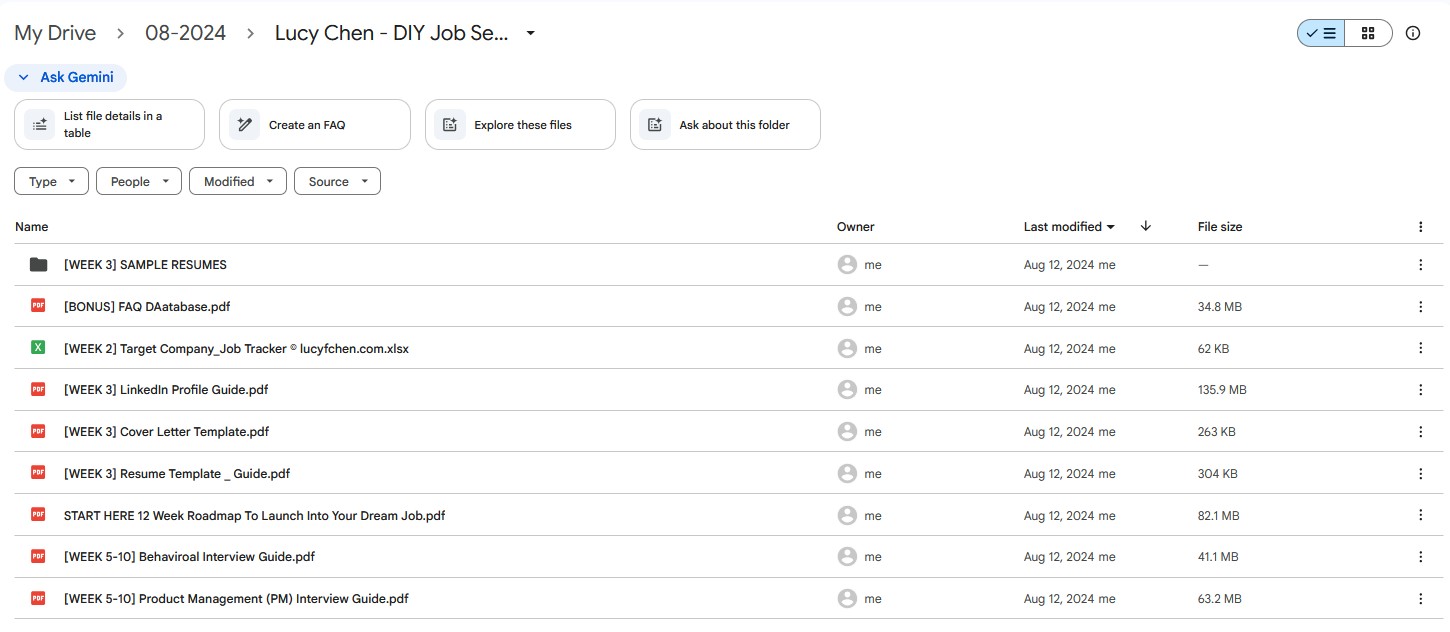 Google Drive folder for Lucy Chen DIY Job Search Course, showing folders for sample resumes, FAQ database, LinkedIn Profile Guide, and various interview guides.
