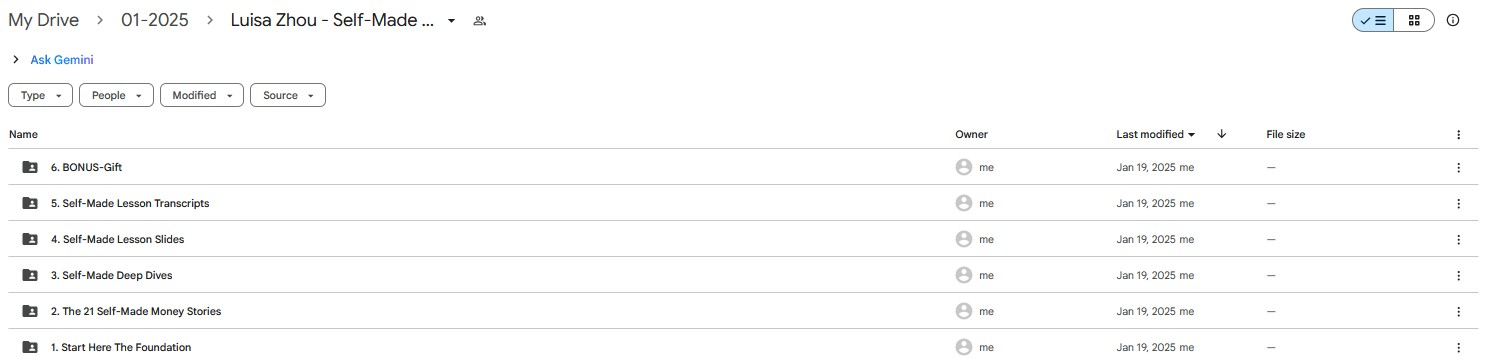 Screenshot of the course curriculum for Luisa Zhou's 'Self-Made' program, showing the detailed folders for lessons, deep dives, and bonuses.