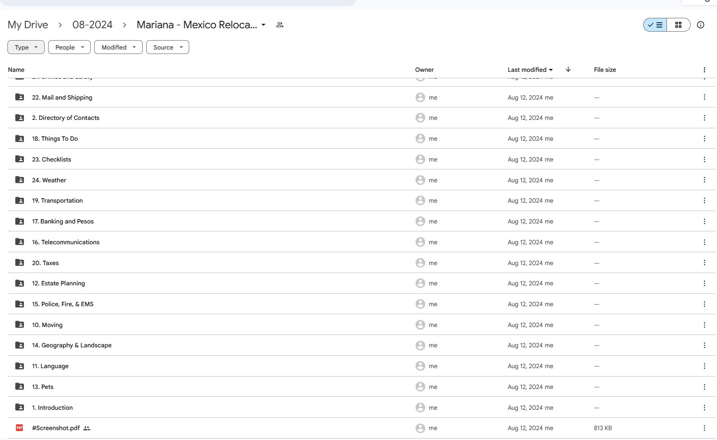 Google Drive folder for Mariana's Mexico Relocation Guide, showing modules on Mail & Shipping, Directory of Contacts, Things To Do, Checklists, Weather, and Transportation.