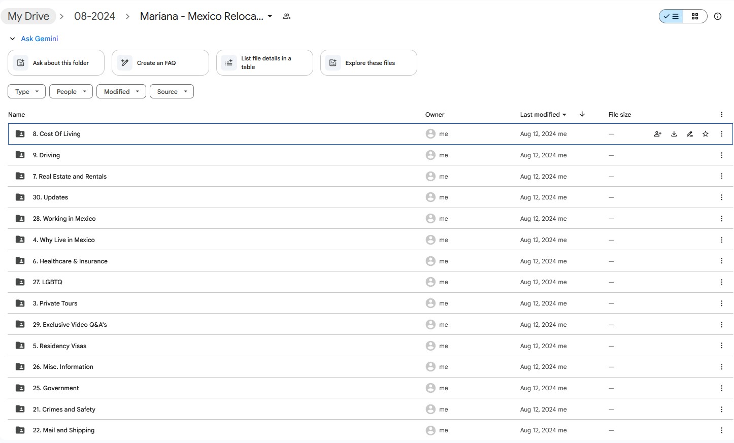 Google Drive folder for Mariana's Mexico Relocation Guide, listing modules on Cost Of Living, Driving, Real Estate, Working in Mexico, Healthcare, and Residency Visas.