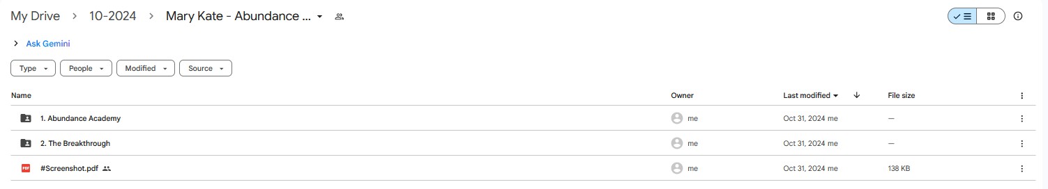Google Drive folder for Mary Kate's Abundance Academy course, listing modules including Abundance Academy overview and The Breakthrough.