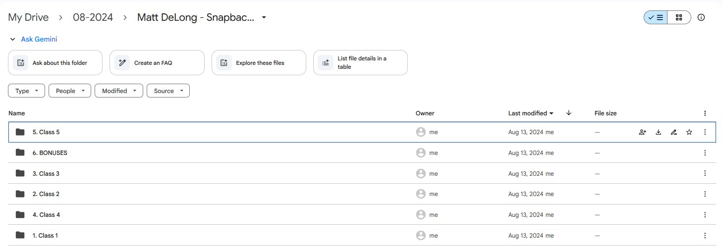 Google Drive folder for Matt DeLong Snapback Day Trade Masterclass, showing organized course content by classes (Class 1-5) and a Bonuses section.