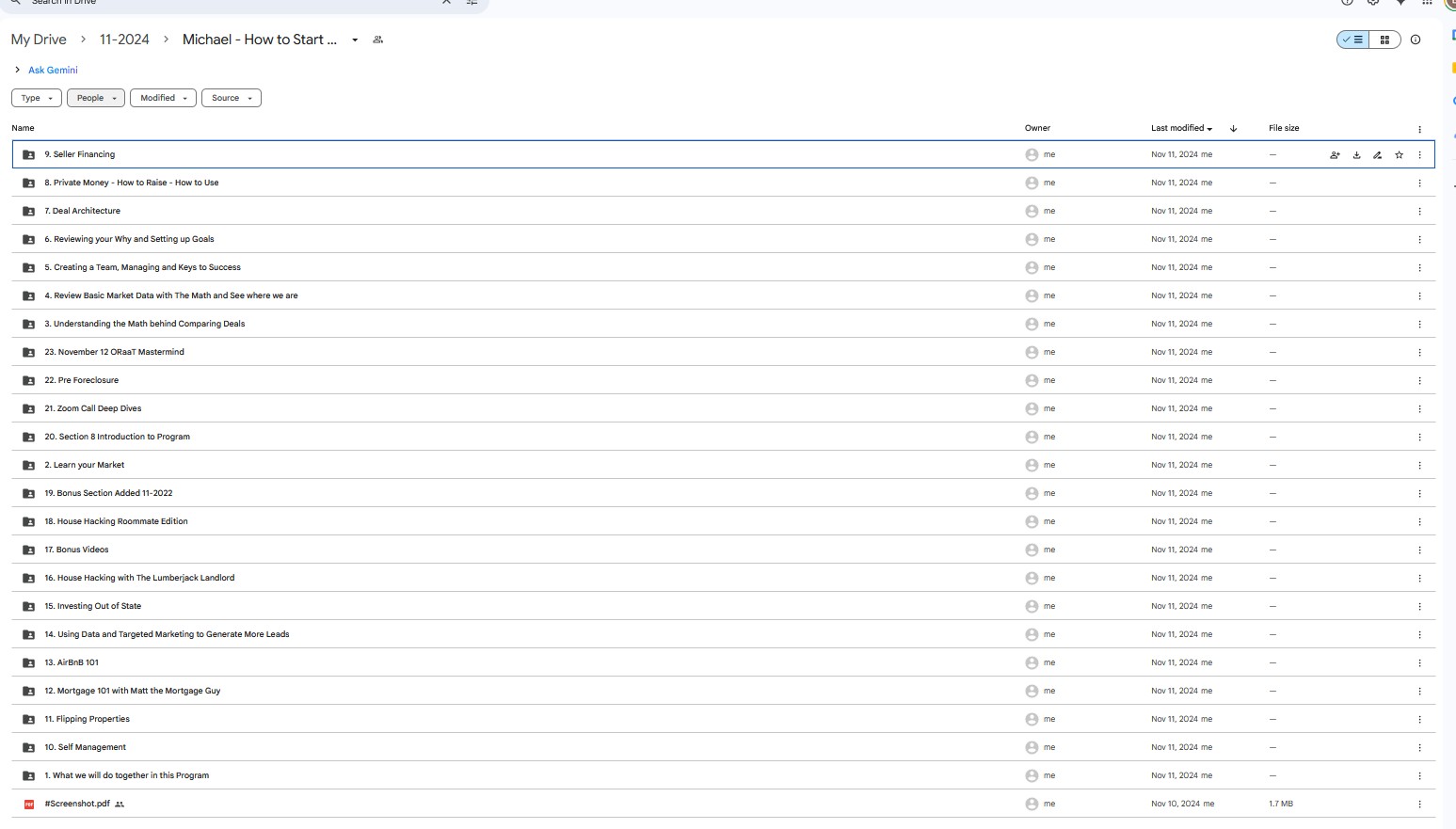 Google Drive folder for Michael's How to Start One Rental at a Time course, showing modules on seller financing, private money, deal architecture, and market basics for real estate investing.
