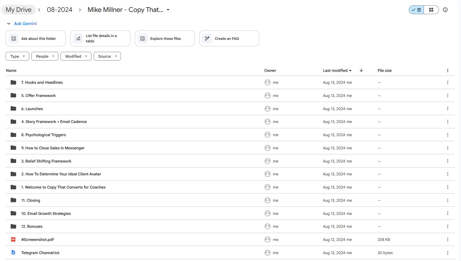 Google Drive folder for Mike Millner Copy That Converts, showing modules like Offer Framework, Launches, Story Framework, Psychological Triggers, and Email Growth Strategies.