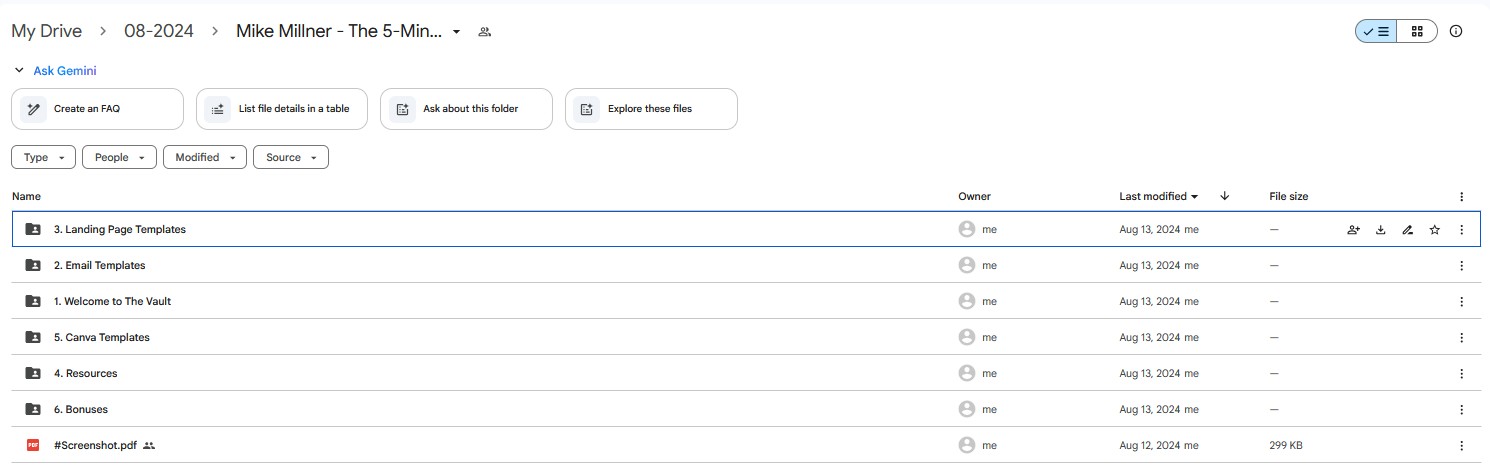 Google Drive folder for Mike Millner's The 5-Minute Email Collective, showing folders for Landing Page Templates, Email Templates, and other marketing resources.