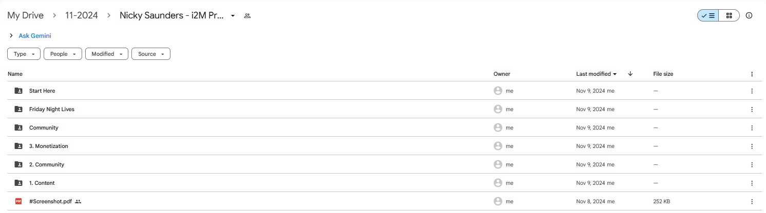 Google Drive folder for Nicky Saunders & Karl Phillips' The i2M Program, showing modules on content, community, and monetization strategies.