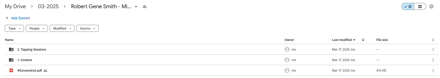 Screenshot of the curriculum for Robert Gene Smith's 'Mind Over Money' course, showing folders for content and tapping sessions.