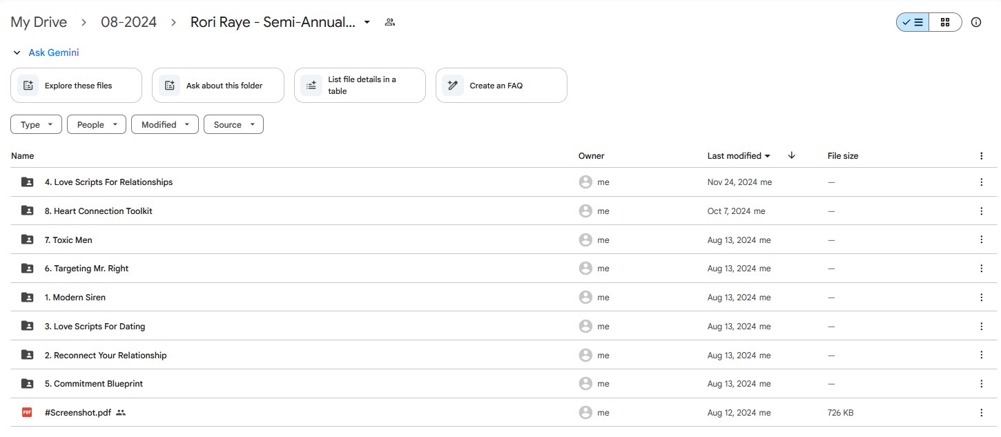 Google Drive folder for Rori Raye's Semi-Annual Sale, listing included relationship programs like Modern Siren, Love Scripts, Reconnect Your Relationship, and Toxic Men.