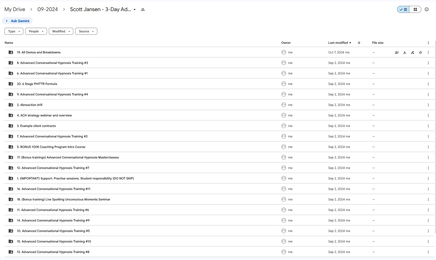 Google Drive folder titled "Scott Jansen - 3-Day Advanced Conversational Hypnosis" listing various course modules and supplementary training resources.