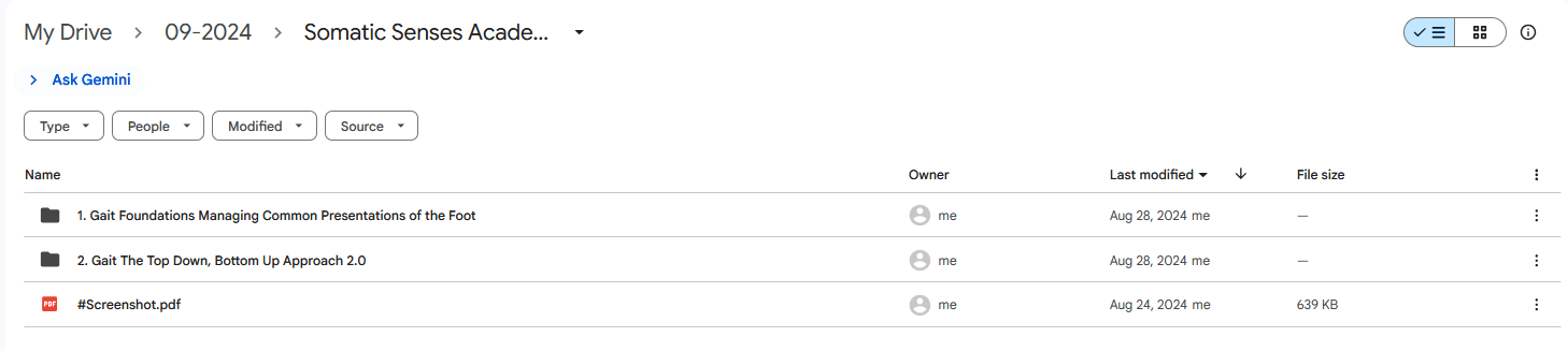 Google Drive folder for Somatic Senses Academy's The Gait Happens Bundle, listing modules "Gait Foundations" and "Gait The Top Down, Bottom Up Approach 2.0".