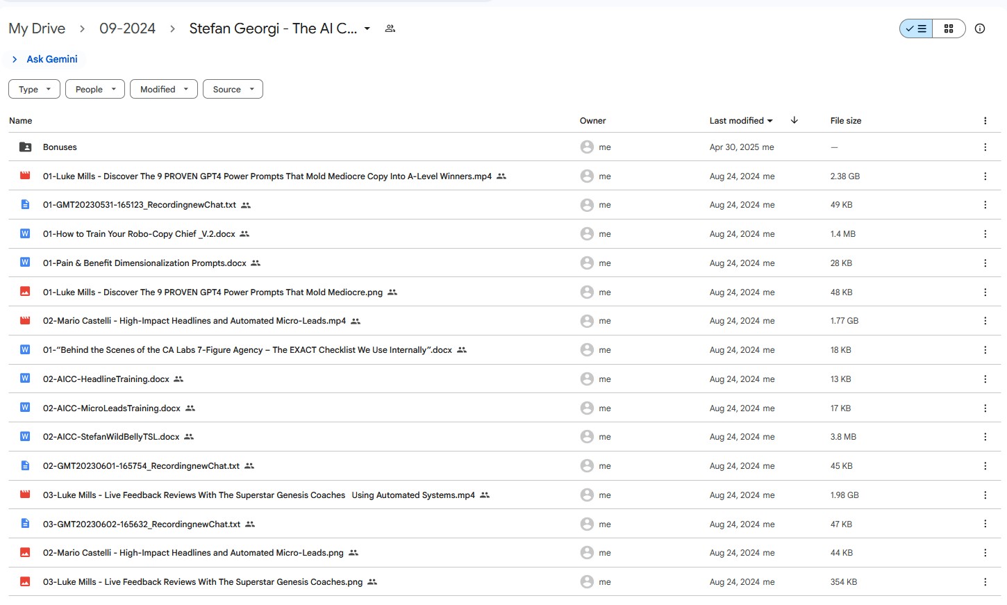 Google Drive search results for Stefan Georgi The AI Copy Chief Training, showing various course documents like training files, power prompts, and sales letter draft.