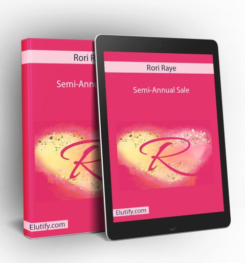 Mockup of Rori Raye's Semi-Annual Sale on a book and tablet, displaying the love-themed course cover and illustrating multi-device access for relationship coaching programs.