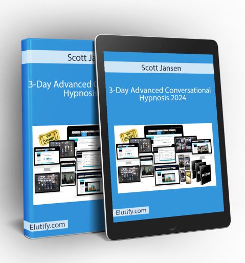Mockup of Scott Jansen 3-Day Advanced Conversational Hypnosis 2024 course on a book and tablet, illustrating multi-device access to advanced hypnosis training materials.