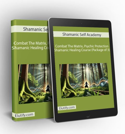 Mockup of Shamanic Self Academy's Combat The Matrix, Psychic Protection, Shamanic Healing Course (Package of 3) on a book and tablet, featuring mystical forest imagery with an empowered figure and energy streams, illustrating multi-device access for spiritual learning.