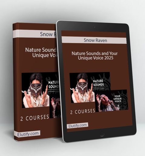 Product mockup for the Snow Raven 2-course bundle, 'Nature Sounds and Your Unique Voice', showing the course materials on a tablet and binder.