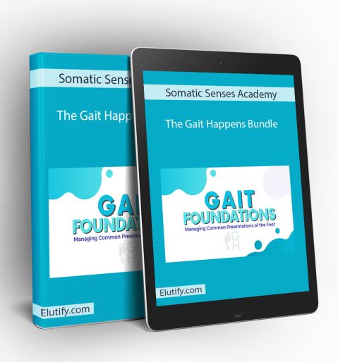 Mockup of Somatic Senses Academy's The Gait Happens Bundle on a book and tablet, displaying the "Gait Foundations" course and illustrating multi-device access for movement analysis training.