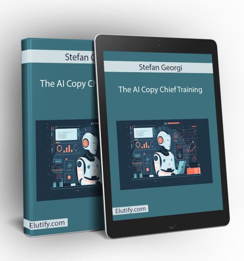 Mockup of Stefan Georgi The AI Copy Chief Training course on a book and tablet, displaying a robot working on a laptop surrounded by data, illustrating multi-device access for AI copywriting.