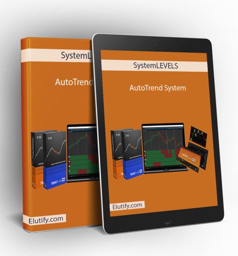Product mockup for the SystemLEVELS 'AutoTrend System,' showing the online trading course materials on a digital tablet and binder.