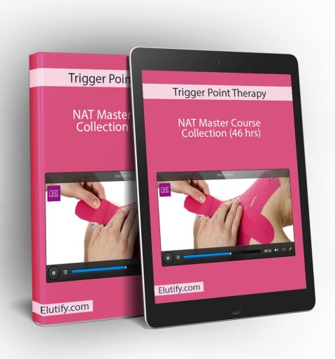 Mockup of Trigger Point Therapy NAT Master Course Collection (46 hrs) on a book and tablet, displaying a video of tape application and illustrating multi-device access for learning.