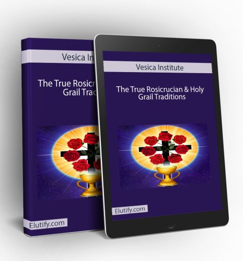 Product mockup for the 'True Rosicrucian & Holy Grail Traditions' course, showing the online training materials on a digital tablet and binder.