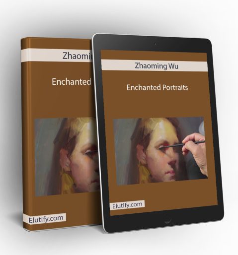 Mockup of Zhaoming Wu Enchanted Portraits course on a book and iPad, highlighting multi-platform learning experience.