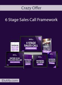 The digital representation of the "Crazy Offer - 6 Stage Sales Call Framework" course. The main image displays "6 Stage Sales Call Framework" in white text on a purple background. Surrounding this central graphic are mock-ups of the various digital modules included in the course, such as "Transformational Sales Gap Creation" on a tablet, "Transformational Sales Four Horsemen" as a book cover, "Entire $100 Million Dollar Sales Framework" on a laptop screen, "Transformational Sales Urgency & Consequence Amplifiers," "Transformational Sales Opener & Intro," and "Transformational Sales Identity Ascension" as digital book covers. The text "Crazy Offer" is at the top and "Elutify.com" is at the bottom left.
