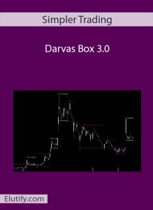 The digital cover of "Darvas Box 3.0" by Simpler Trading. The design features a dark purple background with "Simpler Trading" at the top. The main graphic is a black trading chart displaying white candlestick patterns, highlighted with yellow horizontal lines indicating resistance and magenta horizontal lines for support levels, characteristic of the Darvas Box method. "Darvas Box 3.0" is written in white text in the center. The "Elutify.com" website address is at the bottom left.