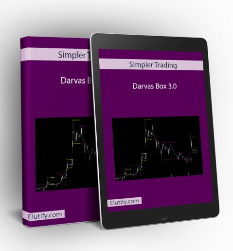 A digital mock-up showcasing "Darvas Box 3.0" by Simpler Trading as a physical binder standing upright next to a tablet displaying the digital version of the course. Both the binder and the tablet feature a dark purple background with "Simpler Trading" at the top and "Darvas Box 3.0" as the main title. The graphic on both displays a black trading chart with white candlesticks, yellow resistance lines, and magenta support lines, illustrating the Darvas Box indicator. The "Elutify.com" website address is visible at the bottom of both items.