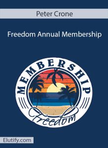 The digital cover for the "Freedom Annual Membership". The design features a light blue background with a white banner at the top showing "Freedom". Below, in large white text, is "Annual Membership". The central graphic depicts a diverse group of people (three women and one man) smiling and looking forward, symbolizing community and personal growth. The "Elutify.com" website address is at the bottom left.