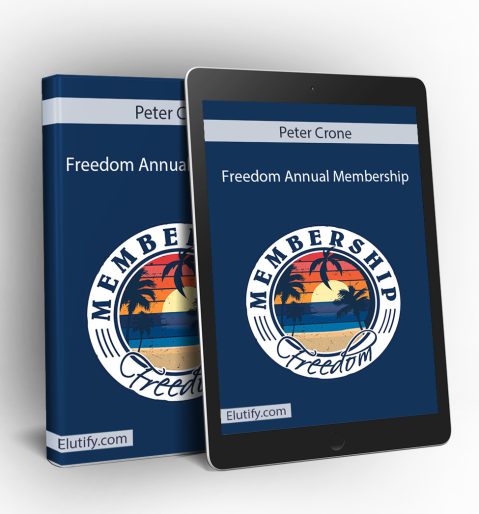 A digital mock-up showcasing the "Freedom Annual Membership" as a physical binder standing next to a tablet displaying the digital version of the course. Both the binder and the tablet feature a light blue background with a white banner at the top displaying "Freedom" and "Annual Membership" in white text. The central graphic on both shows a diverse group of people smiling, representing a community. The "Elutify.com" website address is visible at the bottom of both items.