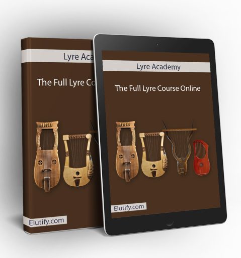 Lyre Academy – The Full Lyre Course Online Mockup Digital mockup of the Lyre Academy Full Lyre Course Online book and tablet, displaying various lyre instruments for online learning on Elutify.com.