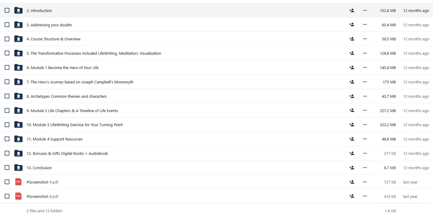 Screenshot of the Andrea Pennington Intro to LifeWriting course curriculum, listing 13 modules covering topics like the Hero's Journey, Life Chapters, Writing Exercises, and Bonus Resources.