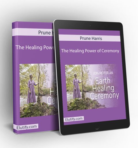 Prune Harris healing ceremony online course displayed on laptop screen with sacred healing crystals and candles